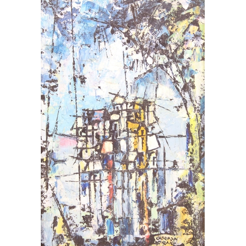 491 - Gordon Craig, Pallet Oil on Board Cubist dwelling in woodland, signed, 33cm x 20cm, framed