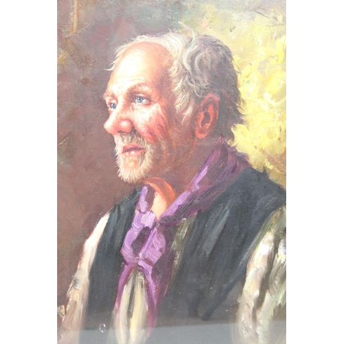 493 - Oil on Board Portrait of a Farm Labourer, 57 x 47cm, framed and glazed