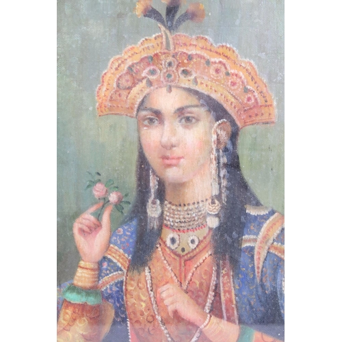 495 - Pierced Gilt Framed Oil Painting Portrait of a Mughal Princess, 26.5cm x 18.5cm