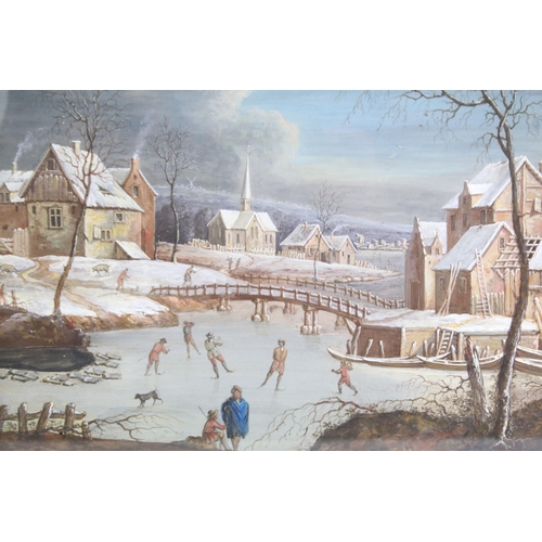 500 - Continental School, village skating scene, watercolour, 23.5 x 26cm, gilt framed