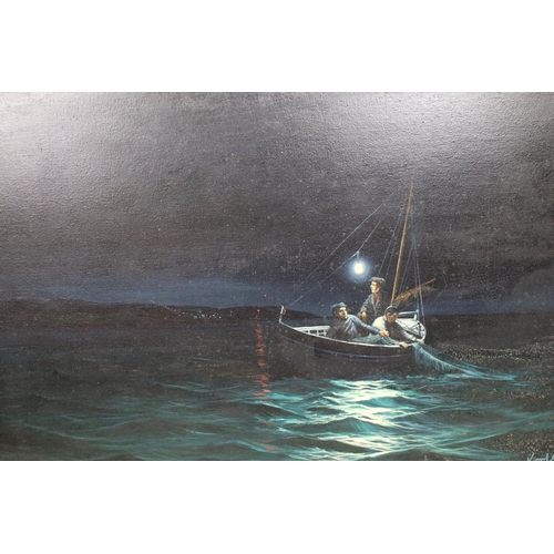 501 - Keith English (1935 - 2016), fishing boat at night, oil on canvas, signed lower right, 59 x 89.5cm, ... 