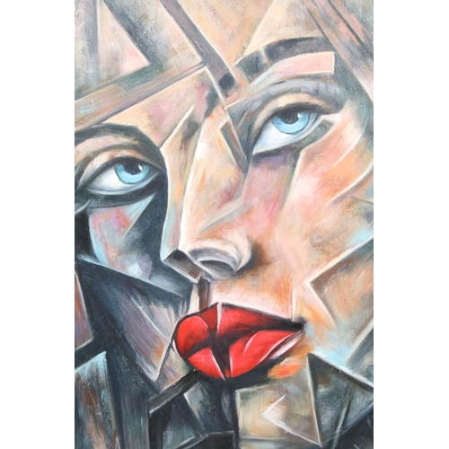 504 - Studio Framed Cubist Oil Painting Portrait of a Beautiful Young Woman, 59.5cm x 49cm