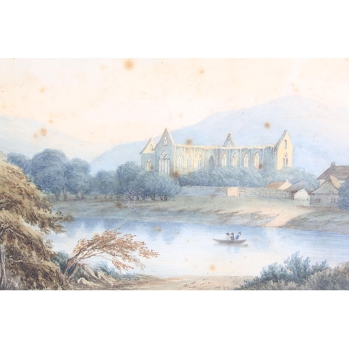 507 - English School, view of the River Wye and Tintern Abbey, watercolour, label verso for Hudson & Co Fi... 