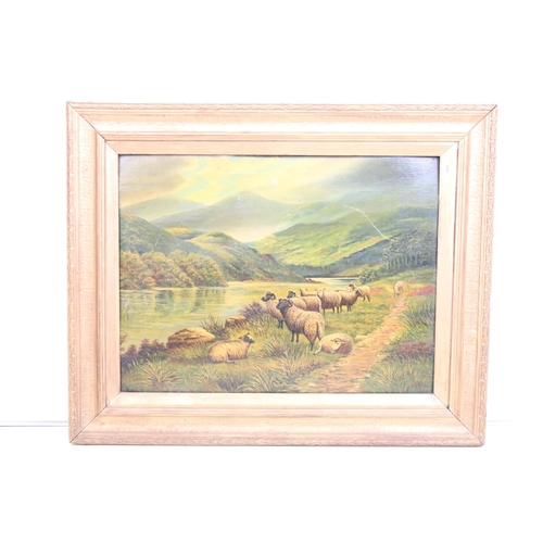 512 - Scottish School, study of sheep with mountains behind, oil on board, signed indistinctly lower left,... 