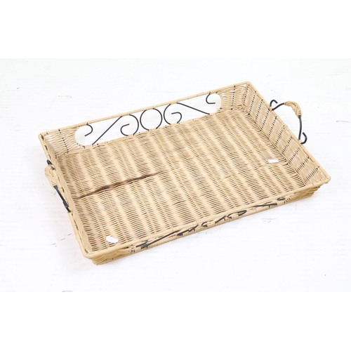 379 - Wicker stair basket with loop handle, together with a further wicker basket (51cm long), and a twin-... 