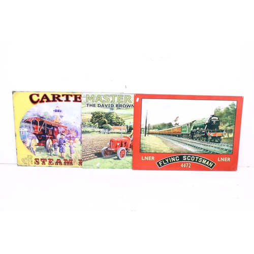 401 - A collection of three large contemporary tin plate signs to include Carters Steam Fair and LNER Flyi... 