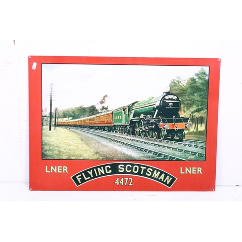 401 - A collection of three large contemporary tin plate signs to include Carters Steam Fair and LNER Flyi... 