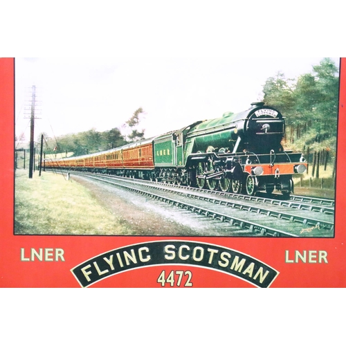 401 - A collection of three large contemporary tin plate signs to include Carters Steam Fair and LNER Flyi... 