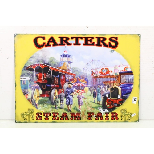 401 - A collection of three large contemporary tin plate signs to include Carters Steam Fair and LNER Flyi... 