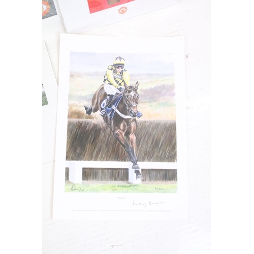 402 - A collection of George Best / Manchester United prints together with a Shiskin horse racing print an... 