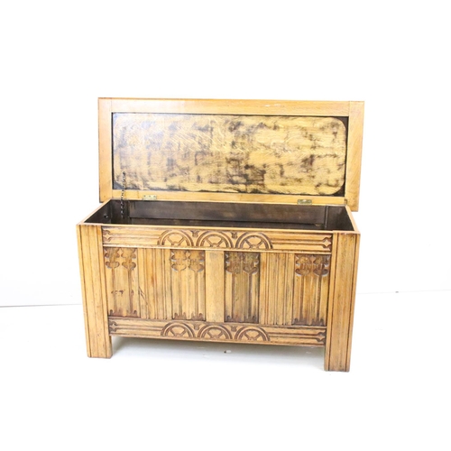 652 - Jacobean Revival Golden Oak Coffer, the front panel with linenfold carving, 52cm high x 98cm wide x ... 