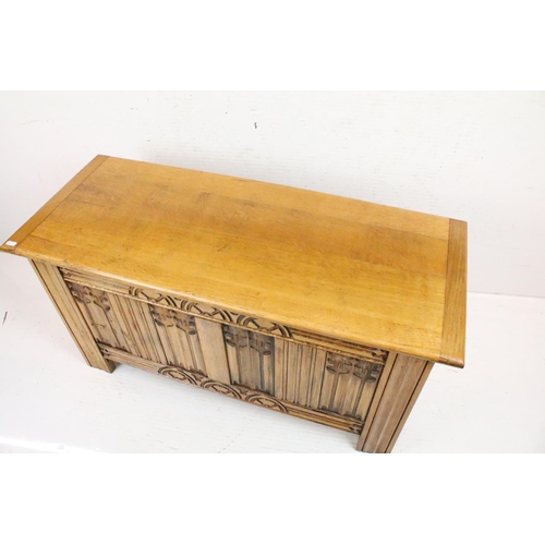 652 - Jacobean Revival Golden Oak Coffer, the front panel with linenfold carving, 52cm high x 98cm wide x ... 