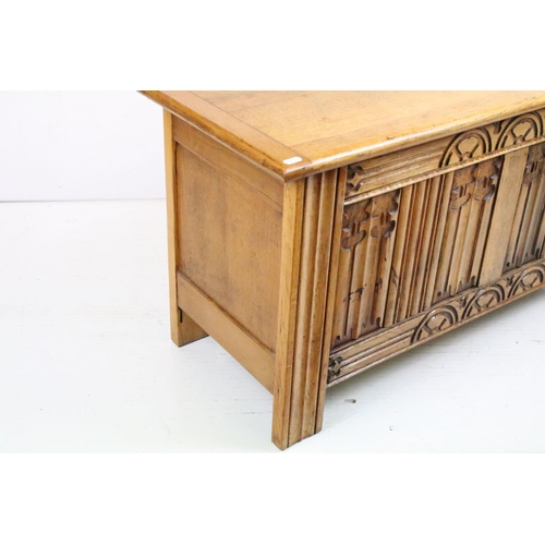 652 - Jacobean Revival Golden Oak Coffer, the front panel with linenfold carving, 52cm high x 98cm wide x ... 