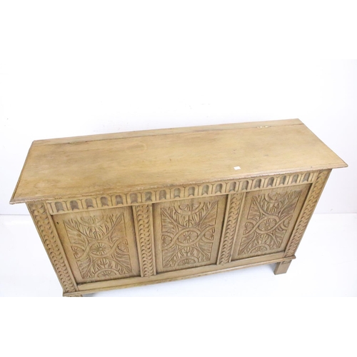 655 - Late 19th century Light Oak Carved Fronted Storage Box, 75cm high x 121cm wide x 38cm deep