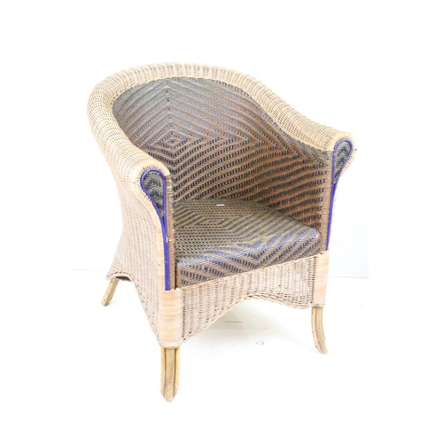 656 - Pair of Wicker Natural and Blue Patterned Tub Conservatory Chairs, each chair 76cm high x 69cm wide ... 