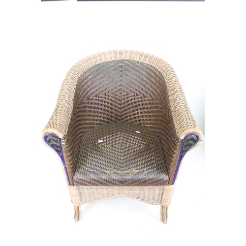 656 - Pair of Wicker Natural and Blue Patterned Tub Conservatory Chairs, each chair 76cm high x 69cm wide ... 