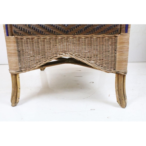 656 - Pair of Wicker Natural and Blue Patterned Tub Conservatory Chairs, each chair 76cm high x 69cm wide ... 