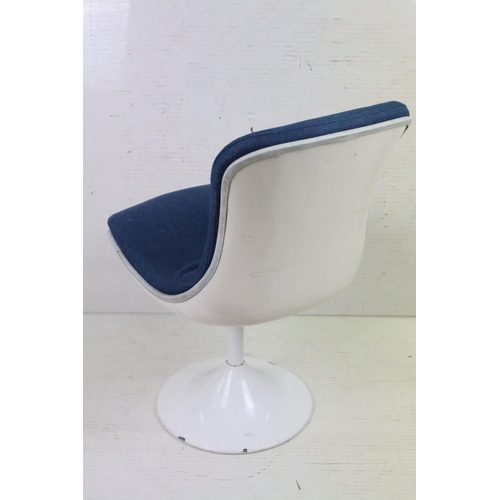 659 - Set of Three Y F Furniture White Swivel Chairs with blue padded upholstered seats and back, labels t... 