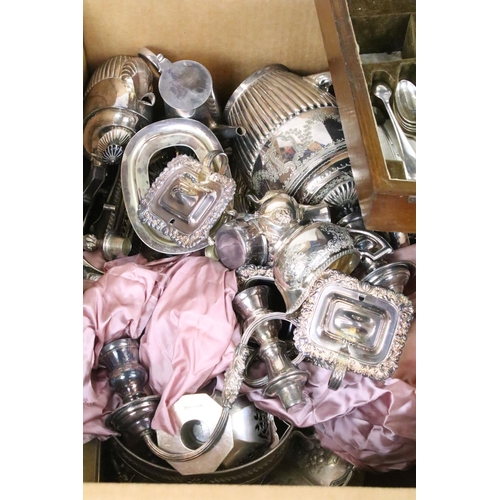 400 - A large collection of mixed silver plate to include tea sets, canteen of cutlery, candlesticks, crue... 