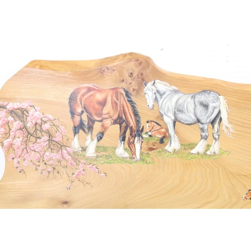 441 - Large pine panel with painted scenes of horses, titled 