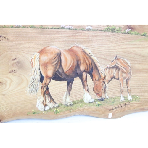 441 - Large pine panel with painted scenes of horses, titled 