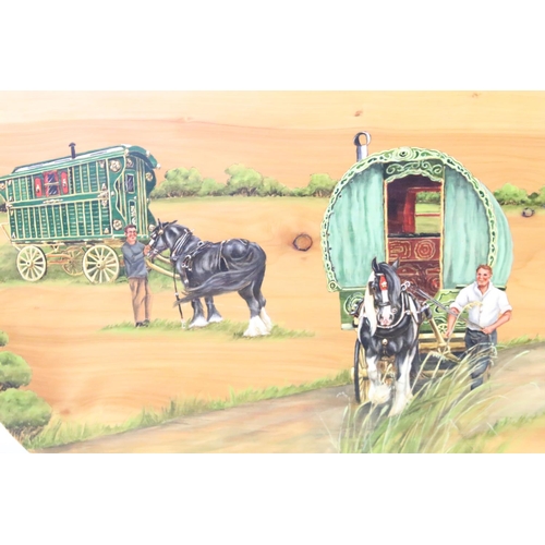 442 - Large pine panel with painted scene of horse drawn Romany wagons, titled 