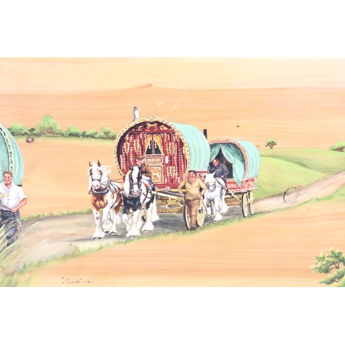 442 - Large pine panel with painted scene of horse drawn Romany wagons, titled 