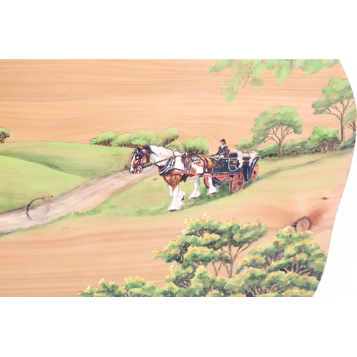 442 - Large pine panel with painted scene of horse drawn Romany wagons, titled 