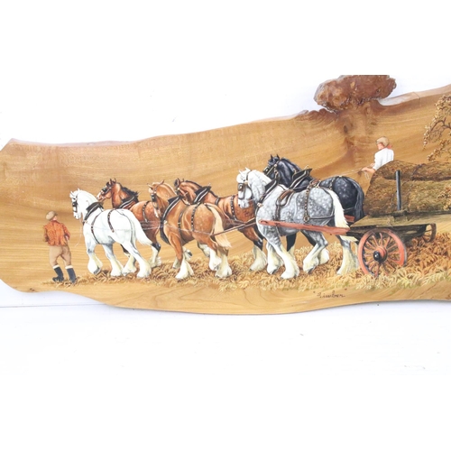 444 - Large pine panel with painted scene of a horse drawn logging cart, titled 