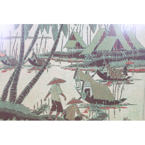 453 - Thai screen print depicting stilted houses, boats & palm trees, approx 90cm x 90cm, framed & glazed