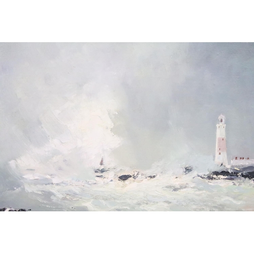 522 - Godwin, seascape with lighthouse, oil on board, signed upper left, with artist's monogram below, 29.... 