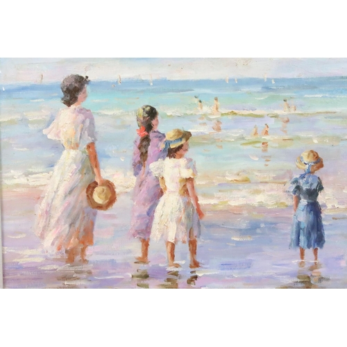 523 - Gilt Framed Impressionist Oil Painting of Mother with Children beach paddling, 27 x 37cm