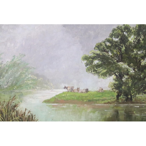 526 - 20th Century oil on board painting depicting resting cattle within a river scene. Set within a gilt ... 