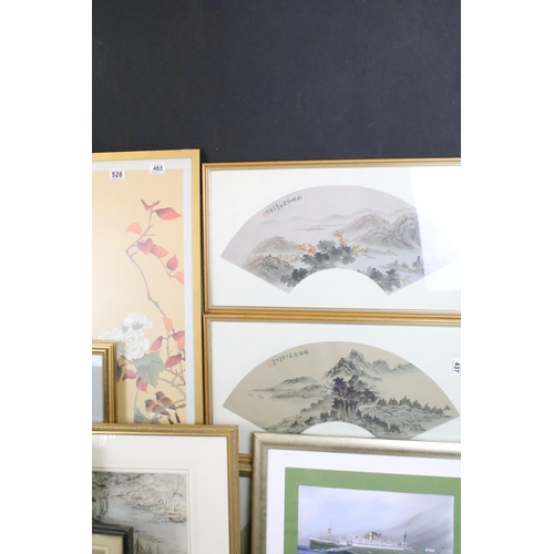 528 - Large collection of pictures and prints to include Chinese mountain scenes, Golden eagle birds of Am... 