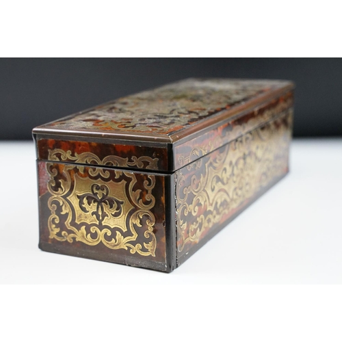 144 - 19th Century French boulle work tortoise shell glove box having a hinged lid with fold down front an... 