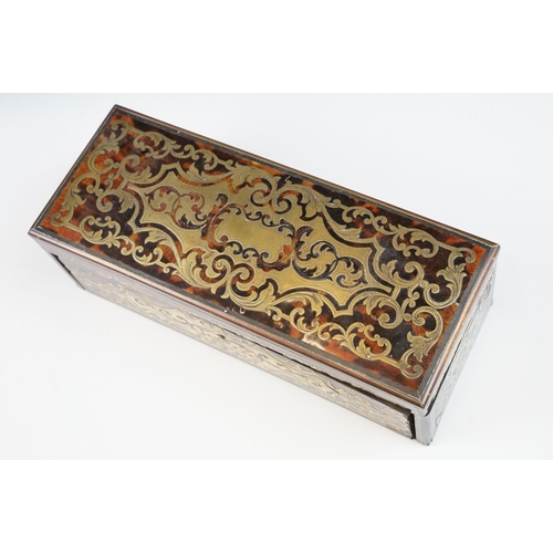 144 - 19th Century French boulle work tortoise shell glove box having a hinged lid with fold down front an... 