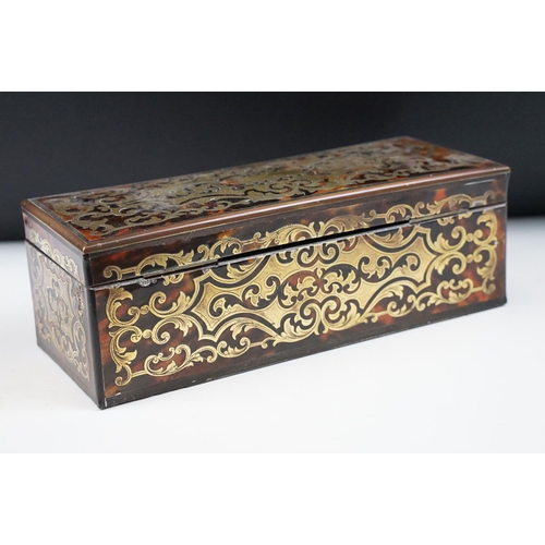 144 - 19th Century French boulle work tortoise shell glove box having a hinged lid with fold down front an... 