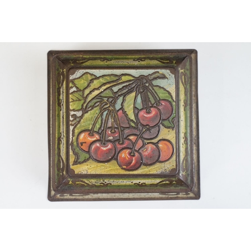 149 - Early 20th Century Art Nouveau biscuit tin having cherries to lid with whip lash detailing. Measures... 