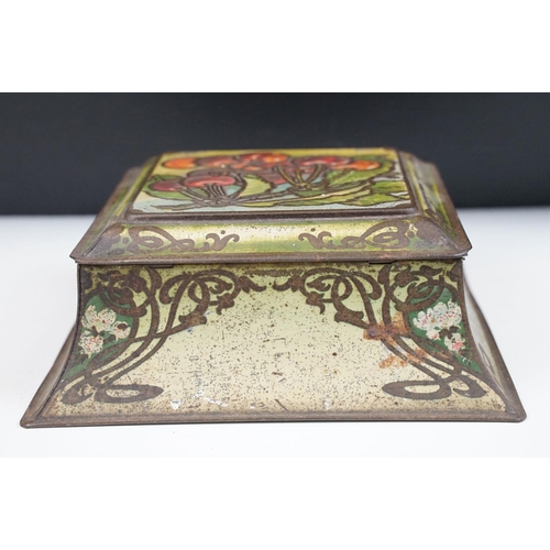 149 - Early 20th Century Art Nouveau biscuit tin having cherries to lid with whip lash detailing. Measures... 