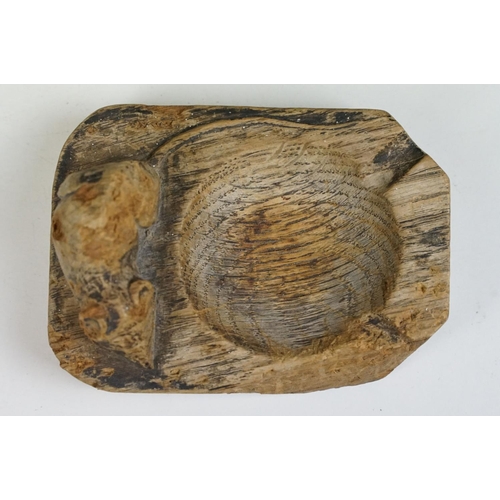 150 - Robert Mouseman Thompson Carved Wooden Ashtray with signature carved mouse, 11cm long