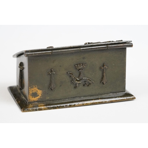 188 - 19th century Metal Matchbox / Snuff Box in the form of a Casket with sloping lid and embossed decora... 