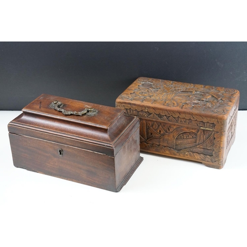 130 - 19th Century mahogany box of sarcophagus form, opening to a three compartment interior (25.5cm wide)... 