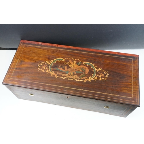 135 - 19th Century Six-air Swiss music box, the marquetry inlaid rosewood case opening to a 34.5cm brass c... 