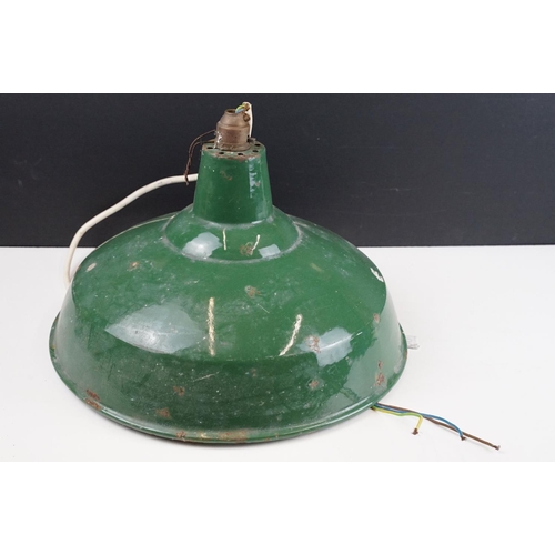 166 - Pair of retro green enamel industrial ceiling lights, approx 35cm diameter