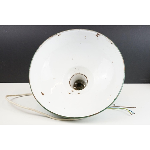 166 - Pair of retro green enamel industrial ceiling lights, approx 35cm diameter