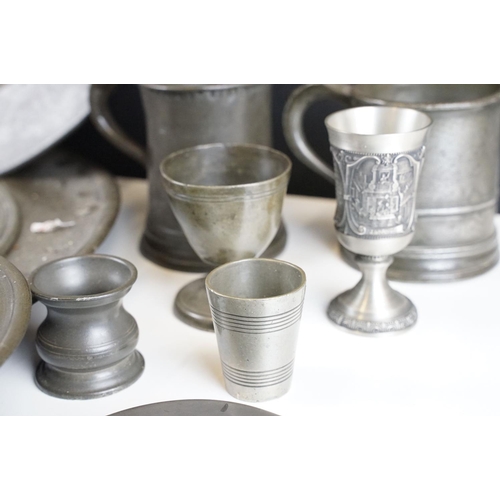 170 - Collection of 18th Century and later pewter to include two small plates B&P London, 1/ pint tankards... 