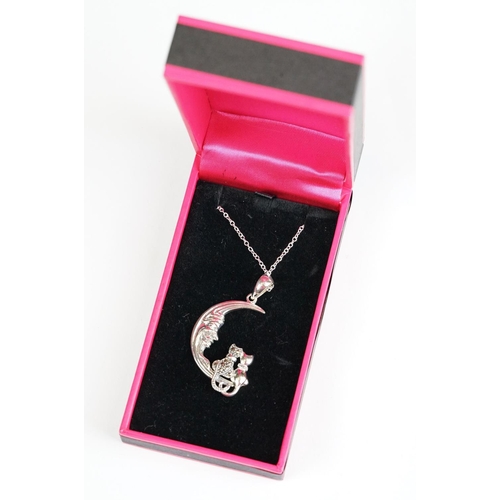 260 - Silver Half Moon Cat Pendant Necklace