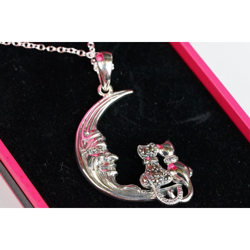 260 - Silver Half Moon Cat Pendant Necklace