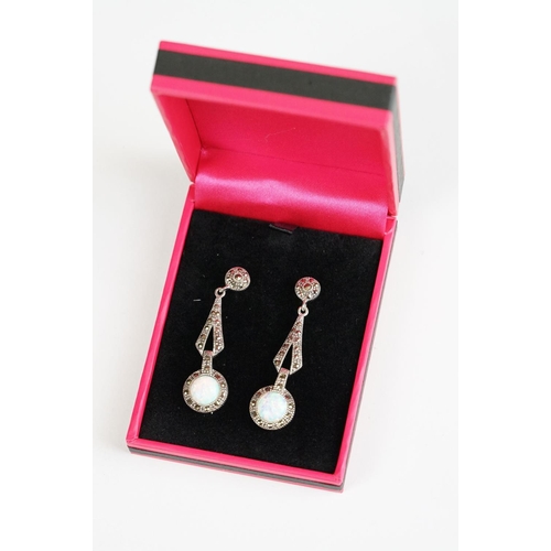 262 - Pair of Silver Marcasite and Opal Panelled Drop Earrings