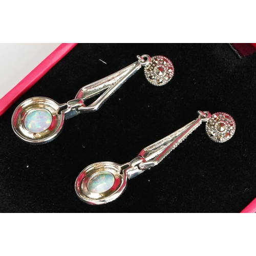 262 - Pair of Silver Marcasite and Opal Panelled Drop Earrings